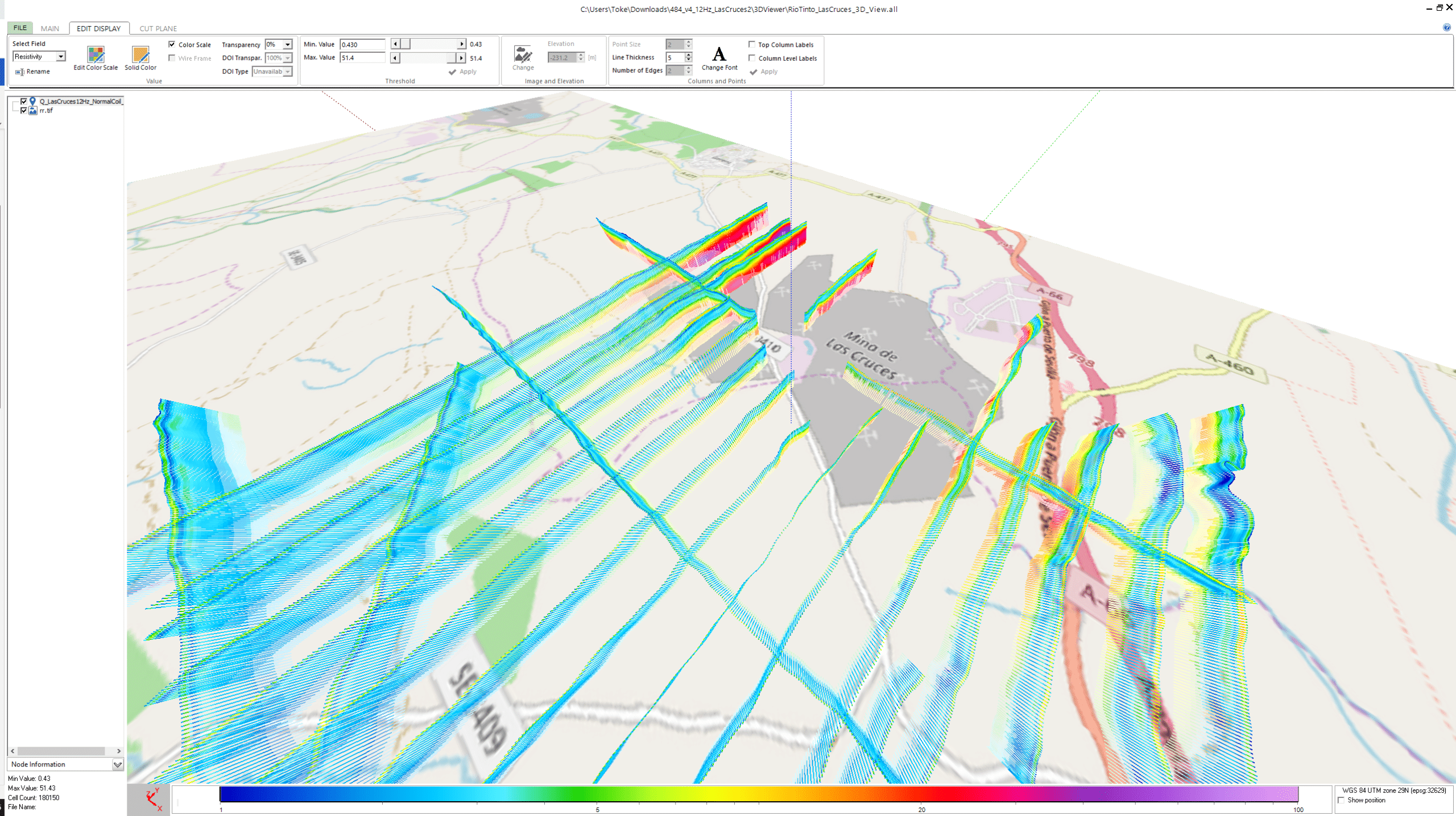 Resistivity models in 3D viewer for a mining survey.