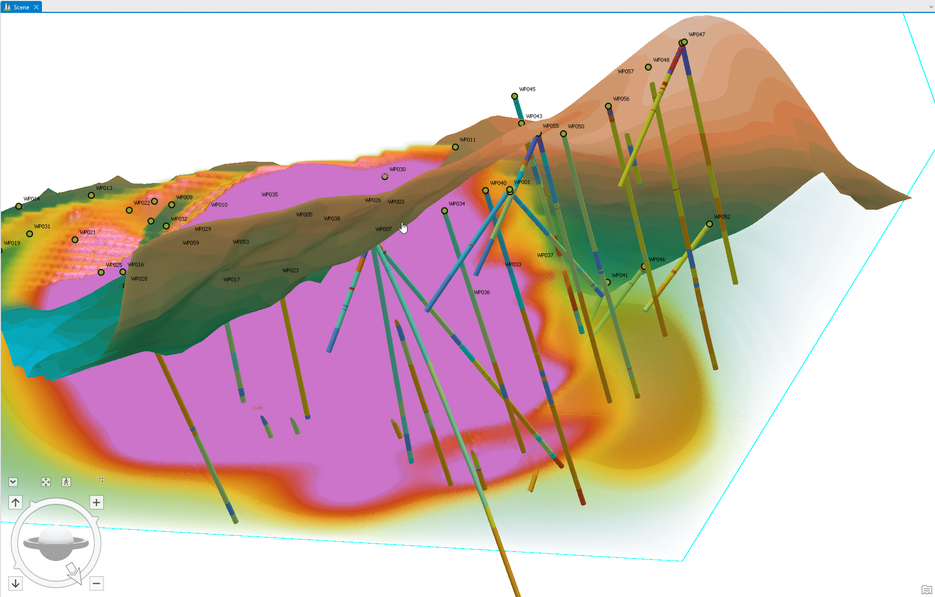 A screenshot of a Scene in Seequent's Target for ArcGIS Pro showing a 3D model with various drill cores
