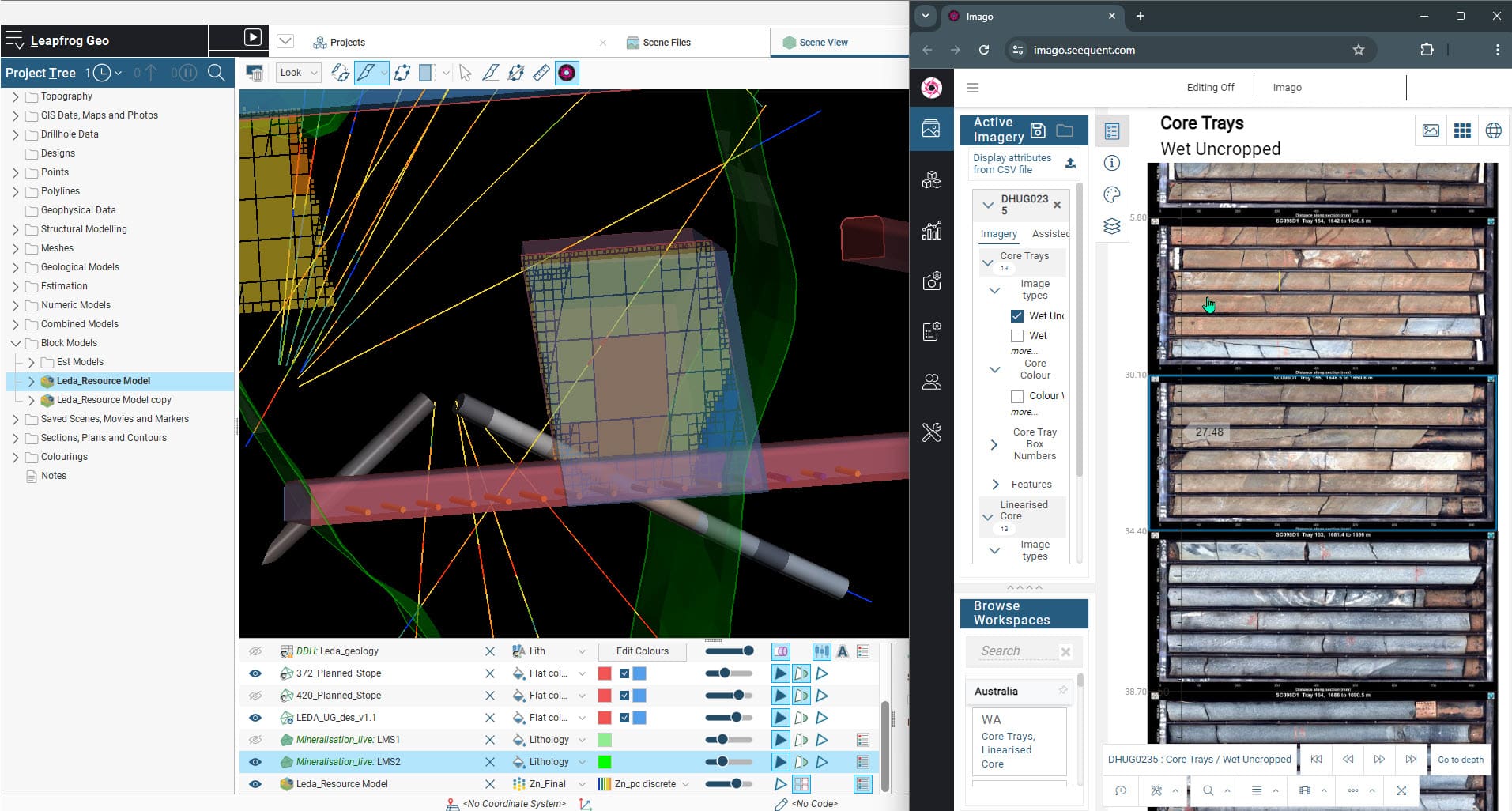 a screenshot of block model analysis using integrated workflow with Leapfrog Geo, Edge and Imago