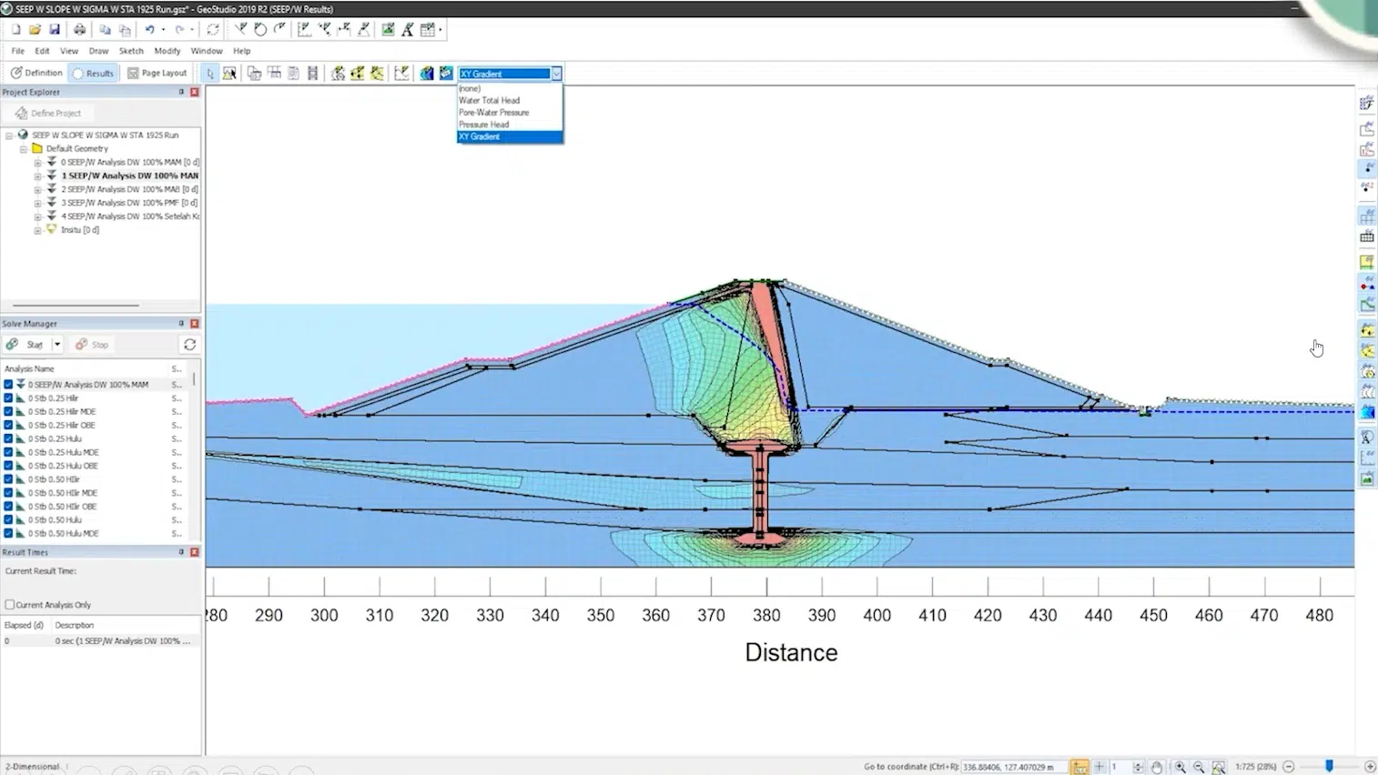 A screenshot of geological modelling in GeoStudio showing slope stability
