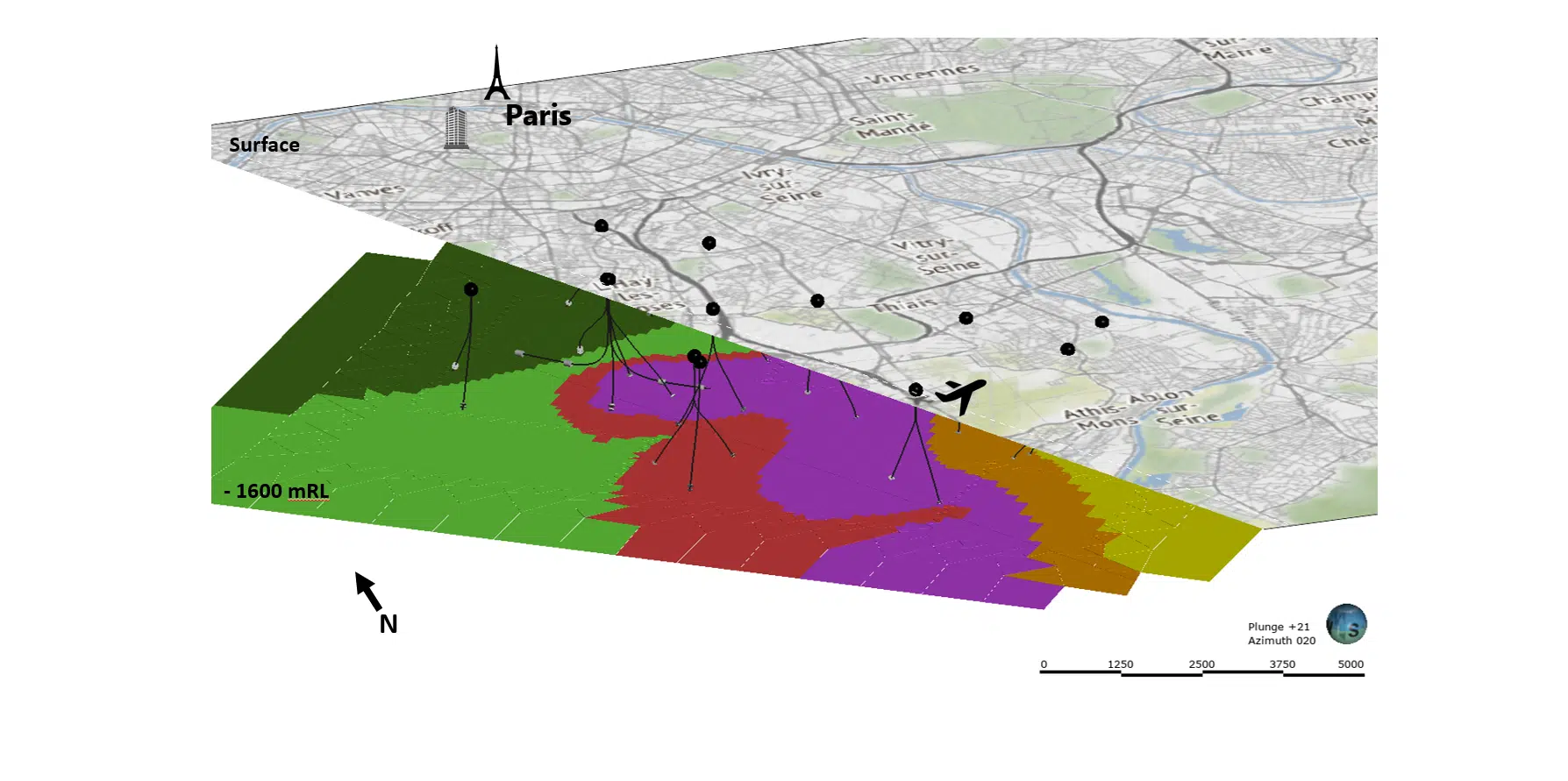 Representation of the geothermal wells and the sedimentary reservoir rock types underneath the South Paris area.