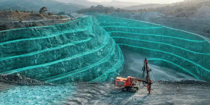 a picture of an open pit mine with a digital overlay