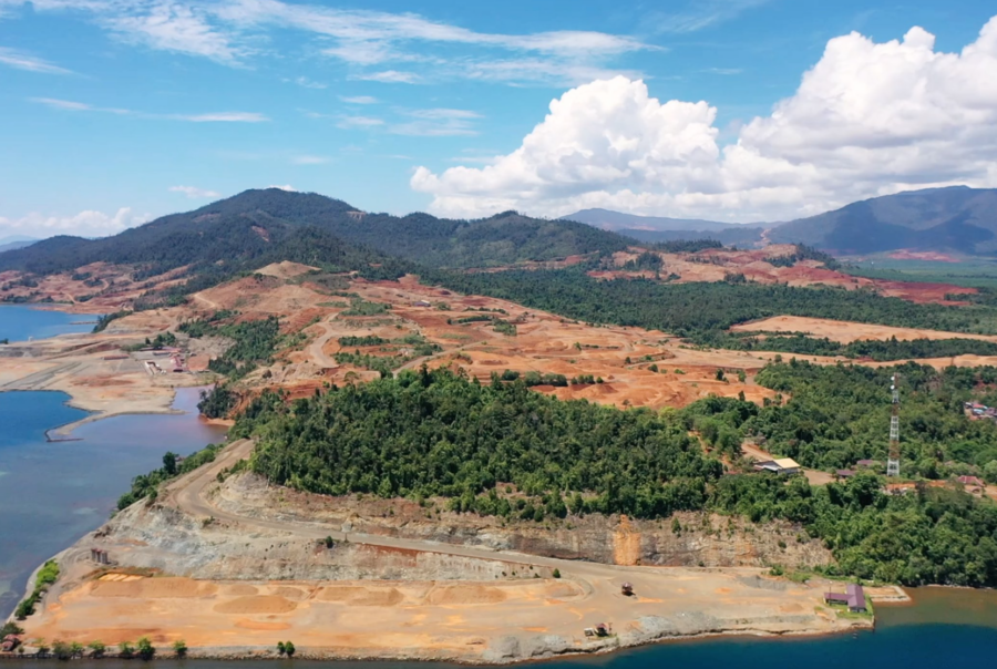 A peninsula of land beside ocean showing Nickel Mining in Indonesia