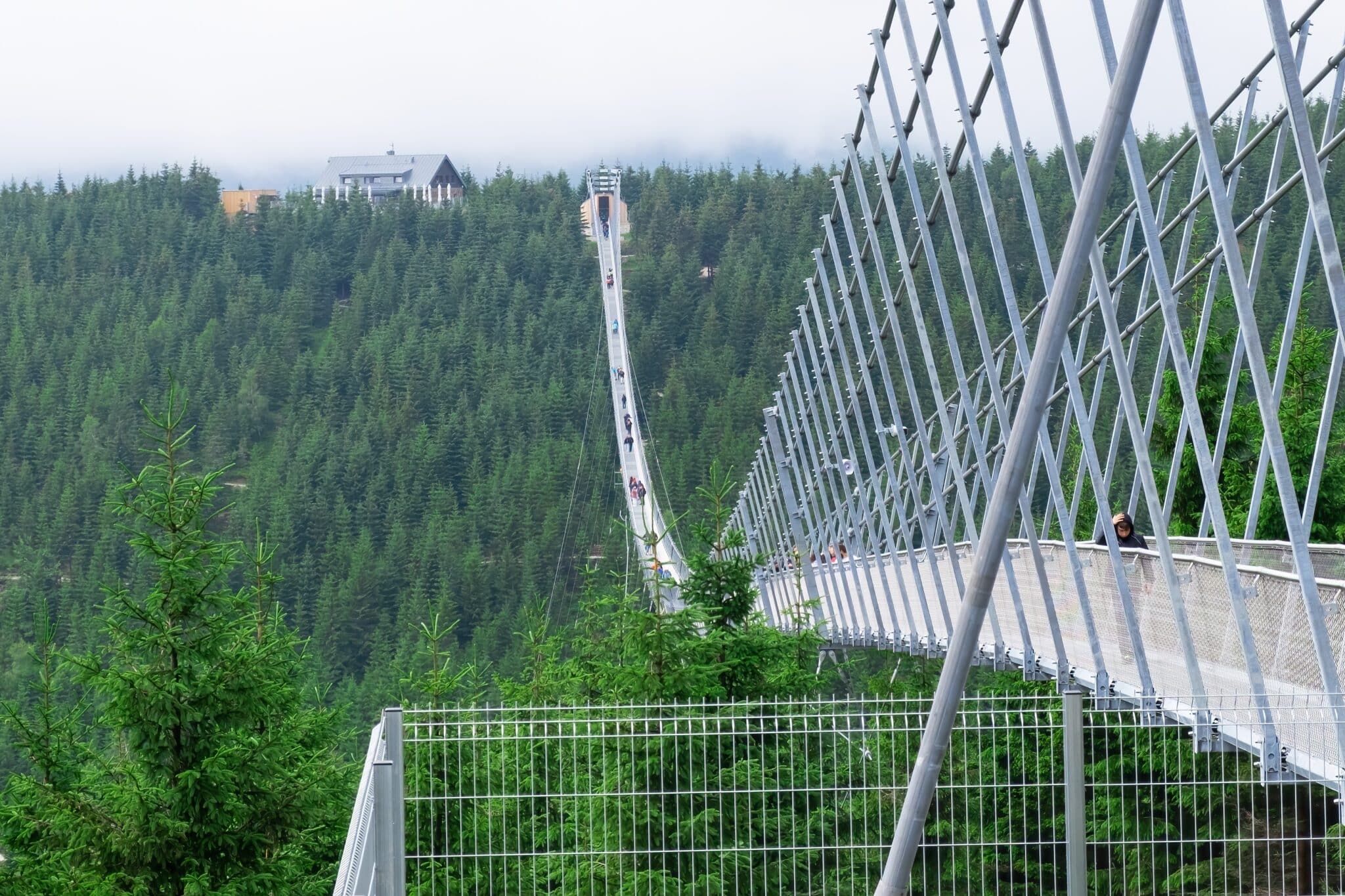 Suspension bridge iron piers of Sky Bridge 721, Dolni Morava, Czech Republic, close up.