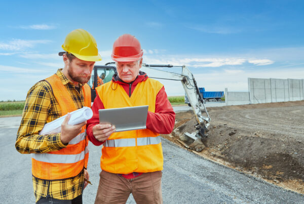 Two construction workers using tablet computer during road development on construction site